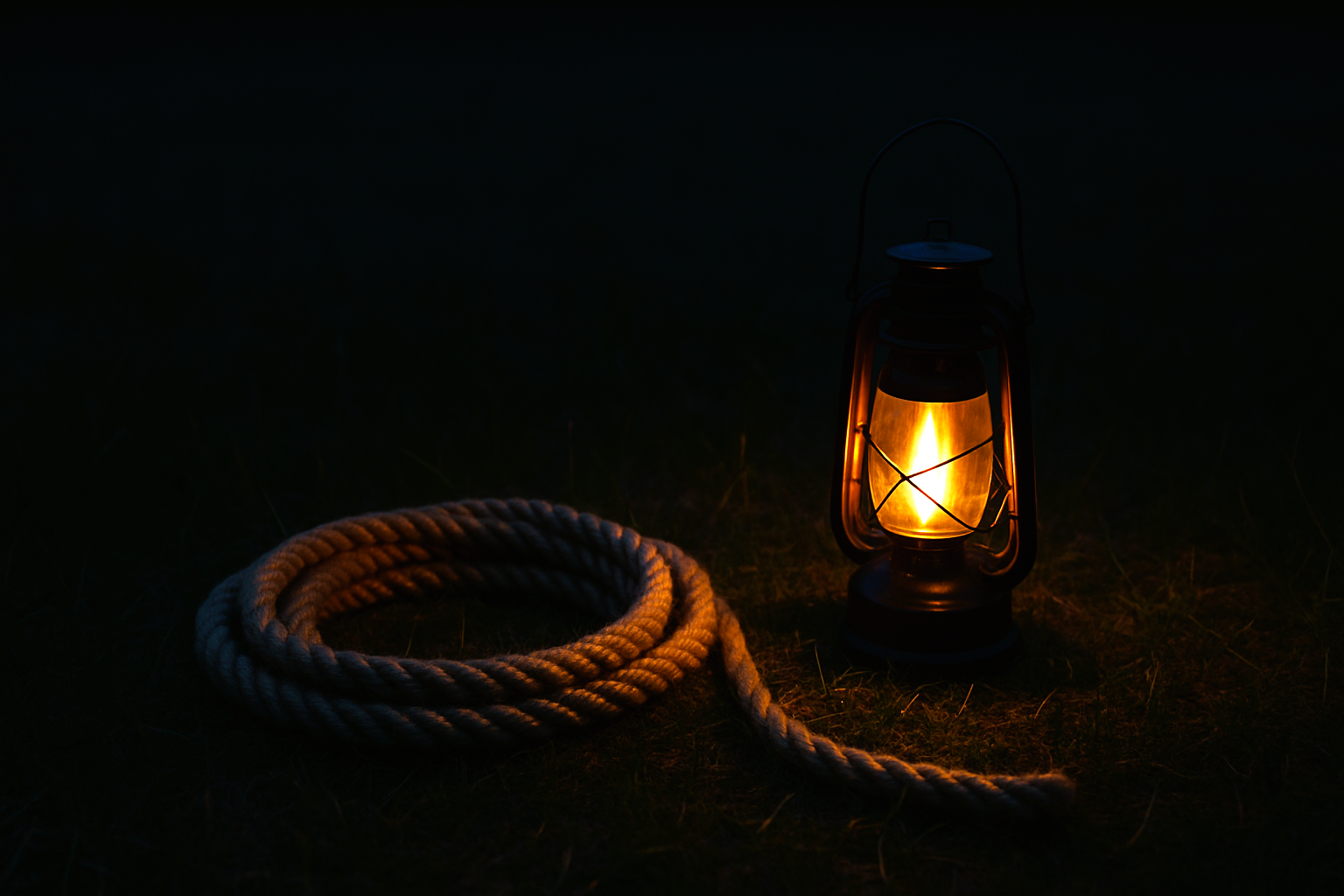 In twilight, a light can be a helpful tool to see a coiled rope.